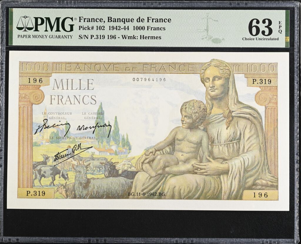 France 1,000 Francs 1942 PMG Ch UNC63 EPQ Pick #102 0150442