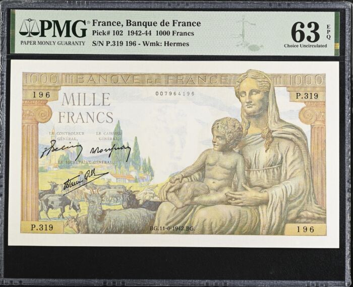 France 1,000 Francs 1942 PMG Ch UNC63 EPQ Pick #102 0150442France 1,000 Francs 1942 PMG Ch UNC63 EPQ Pick #102 0150442