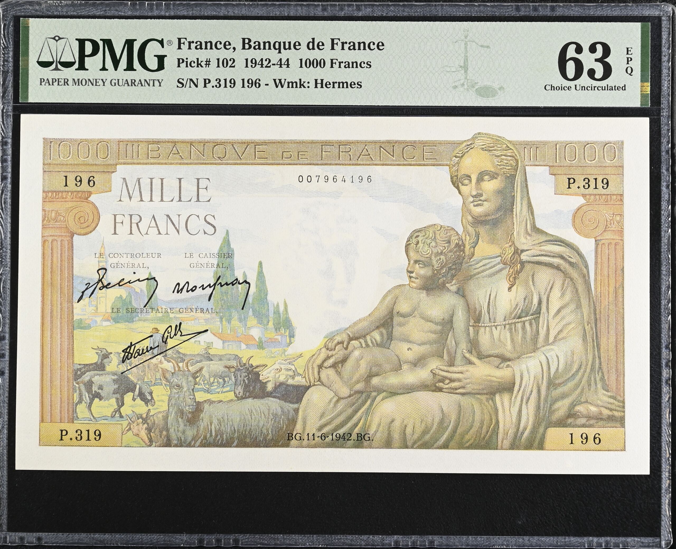 France 1,000 Francs 1942 PMG Ch UNC63 EPQ Pick #102 0150442
