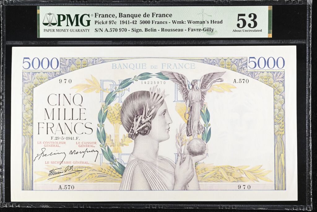 France 5,000 Francs 1941 PMG AU53 Pick #97c 0150443
