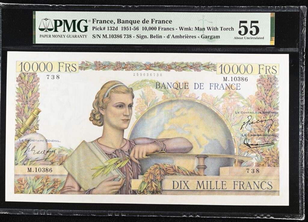France 10,000 Francs 1951-56 PMG AU55 Pick #132d 0150444