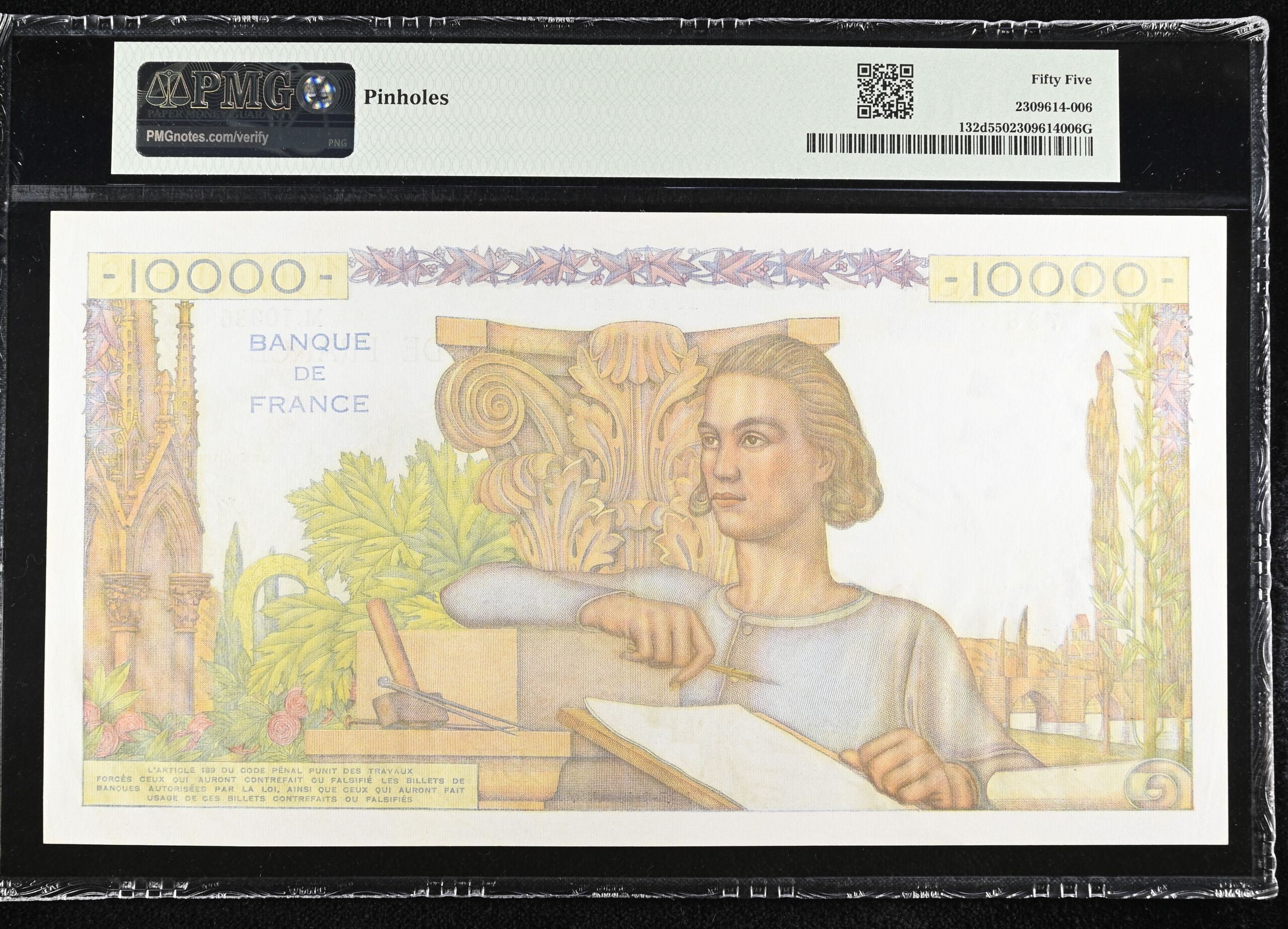 France World Currency France 10,000 Francs 1951-56 PMG AU55 Pick #132d 0150444 France 10,000 Francs 1951-56 PMG AU55 Pick #132d 0150444France 10,000 Francs 1951-56 PMG AU55 Pick #132d 0150444 - Image 2