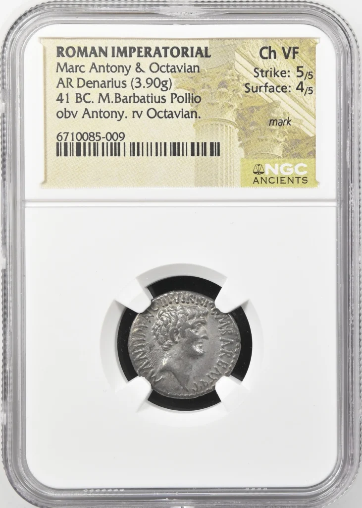 Ancient Coins Roman Imperatorial Roman Imperatorial Marc Antony & Octavian 41 BC AR Denarius NGC Ch VF 0151627 Roman Imperatorial Marc Antony & Octavian 41 BC AR Denarius NGC Ch VF 0151627
