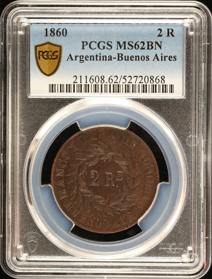 Argentina 2 Reales 1860 Bueno Aires PCGS MS62BN 0151018Argentina 2 Reales 1860 Bueno Aires PCGS MS62BN 0151018