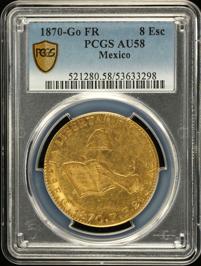 Republic Gold 8 Escudos 1870 Go FR PCGS AU58 0150683Republic Gold 8 Escudos 1870 Go FR PCGS AU58 0150683