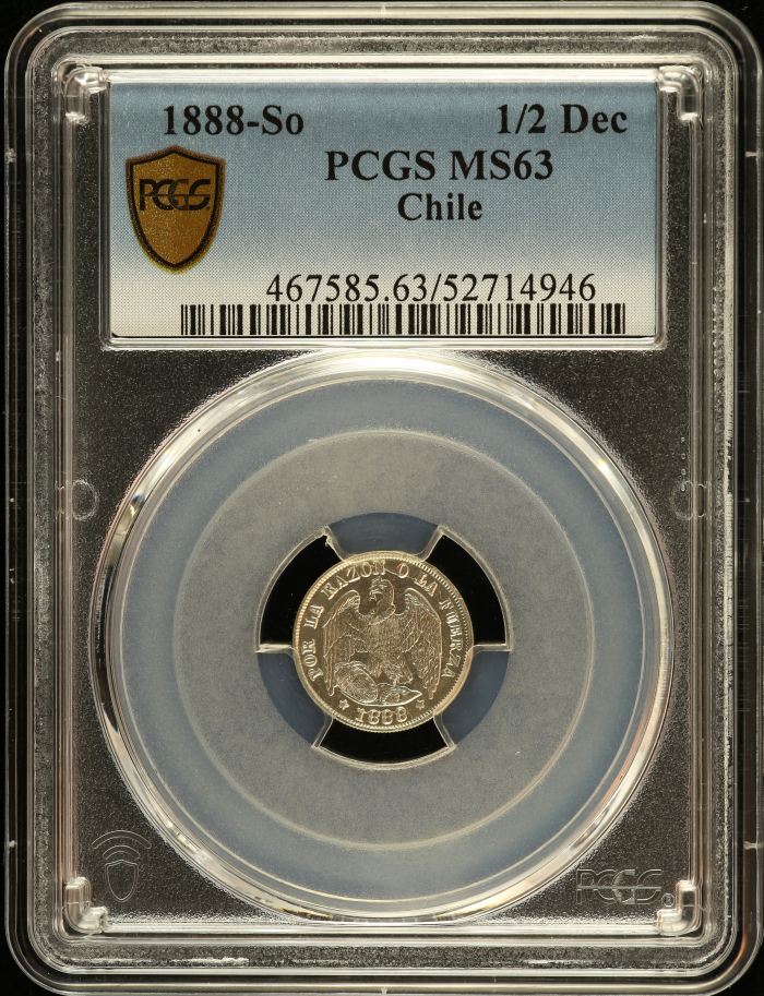 Chile 1/2 Decimo 1888 So PCGS MS63 0151085Chile 1/2 Decimo 1888 So PCGS MS63 0151085