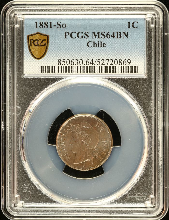 Chile Centavo 1881 So PCGS MS64BN 0151086Chile Centavo 1881 So PCGS MS64BN 0151086