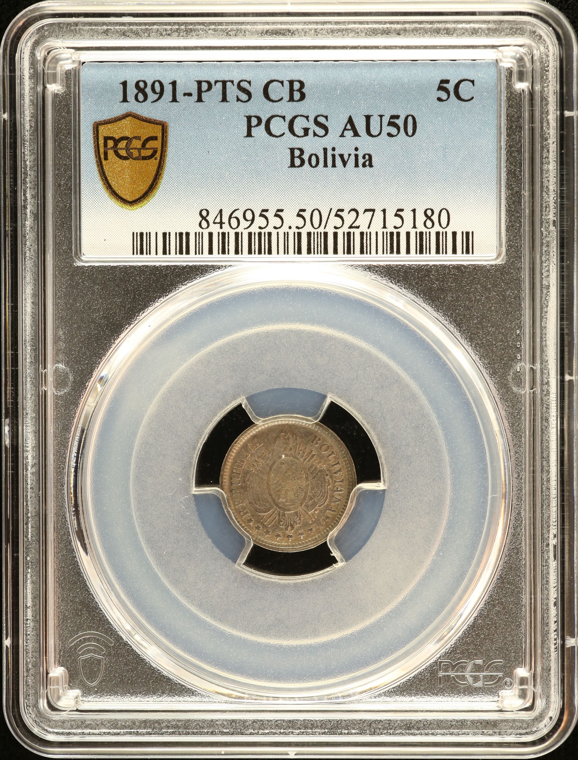 Bolivia 5 Centavo 1891 Pts CB PCGS AU50 0151179
