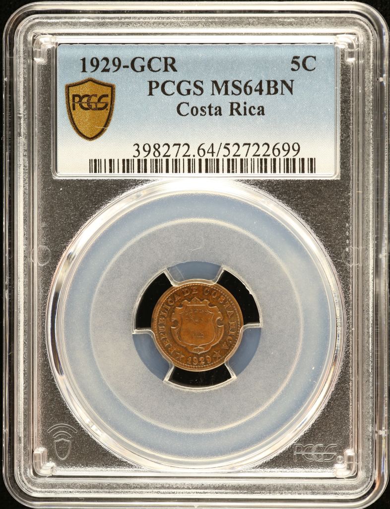 Costa Rica 5 Centimos 1929 GCR PCGS MS64BN 0151114