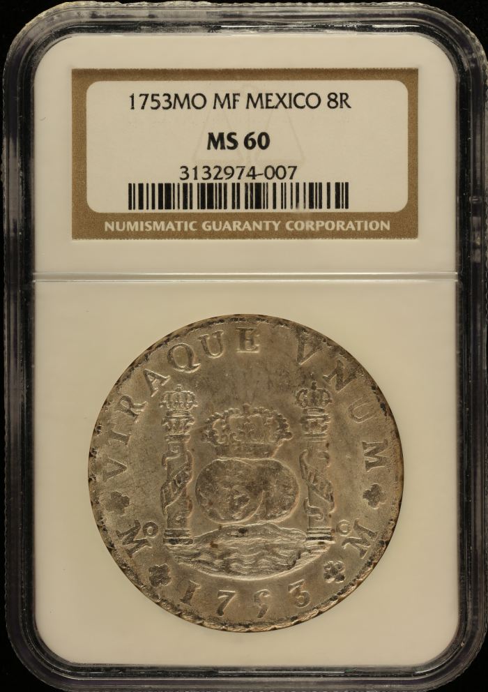Colonial Silver & Minors 8 Reales 1753 Mo MF NGC MS60 0151630Colonial Silver & Minors 8 Reales 1753 Mo MF NGC MS60 0151630