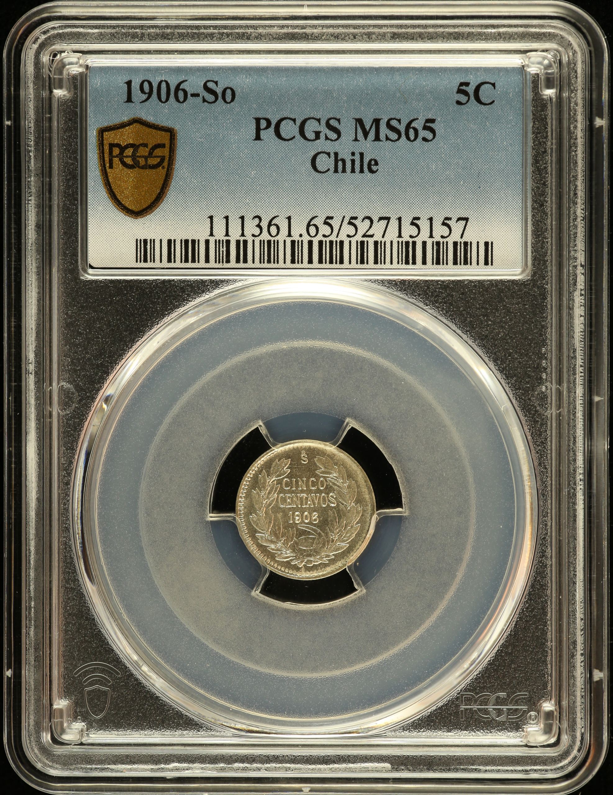 Chile 5 Centavo 1906 So PCGS MS65 0151088