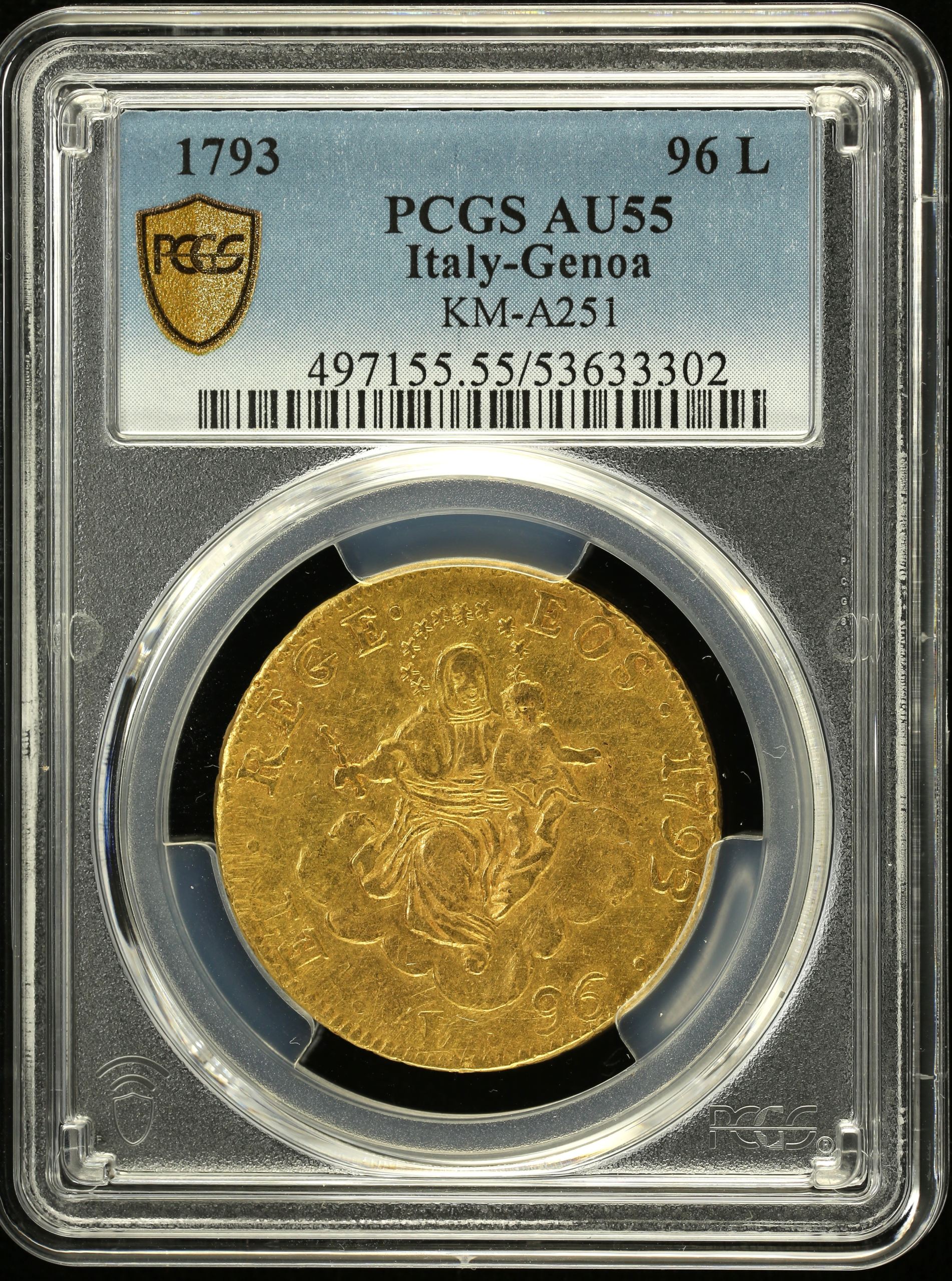 Italy/San Marino/Vatican 96 Lire 1793 Genoa PCGS AU55 KM-A251 0151670