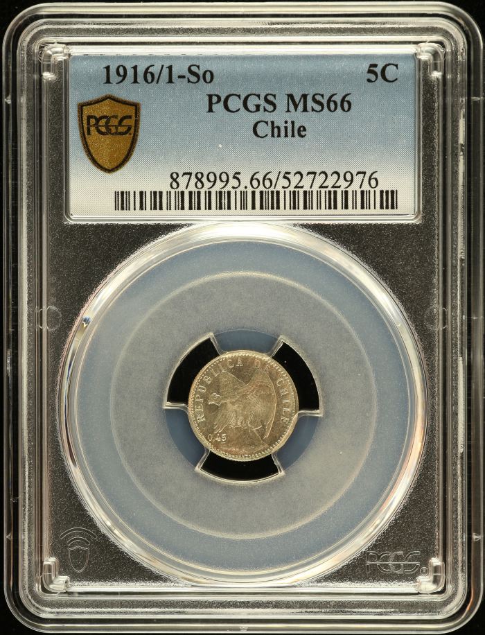 Chile 5 Centavo 1916/1 So PCGS MS66 0151091Chile 5 Centavo 1916/1 So PCGS MS66 0151091