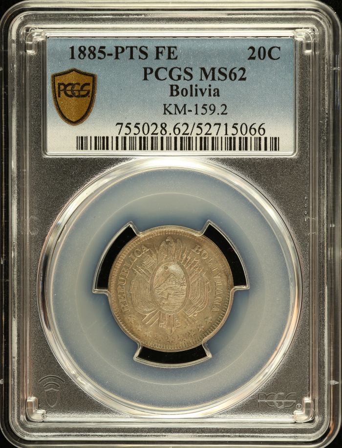 Bolivia 20 Centavo 1885 Pts FE KM-159.2 PCGS MS62 0151187Bolivia 20 Centavo 1885 Pts FE KM-159.2 PCGS MS62 0151187