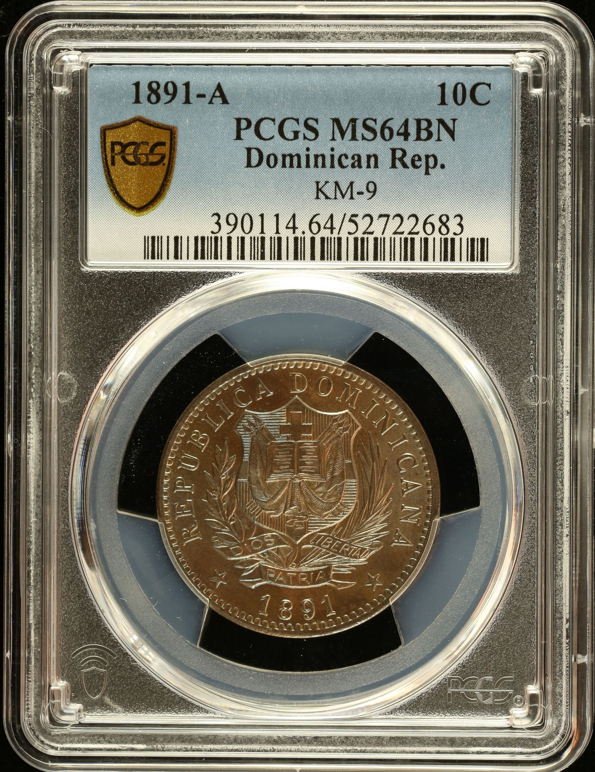 Dominican Republic 10 Centavo 1891 A KM-9 PCGS MS64BN 0151029