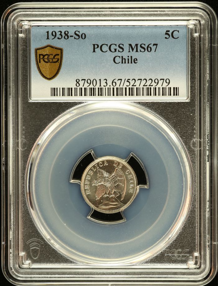 Chile 5 Centavo 1938 So PCGS MS67 0151095Chile 5 Centavo 1938 So PCGS MS67 0151095