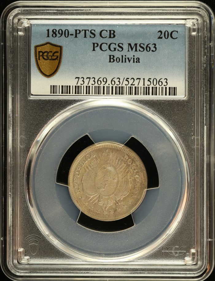 Bolivia 20 Centavo 1890 Pts CB PCGS MS63 0151190Bolivia 20 Centavo 1890 Pts CB PCGS MS63 0151190