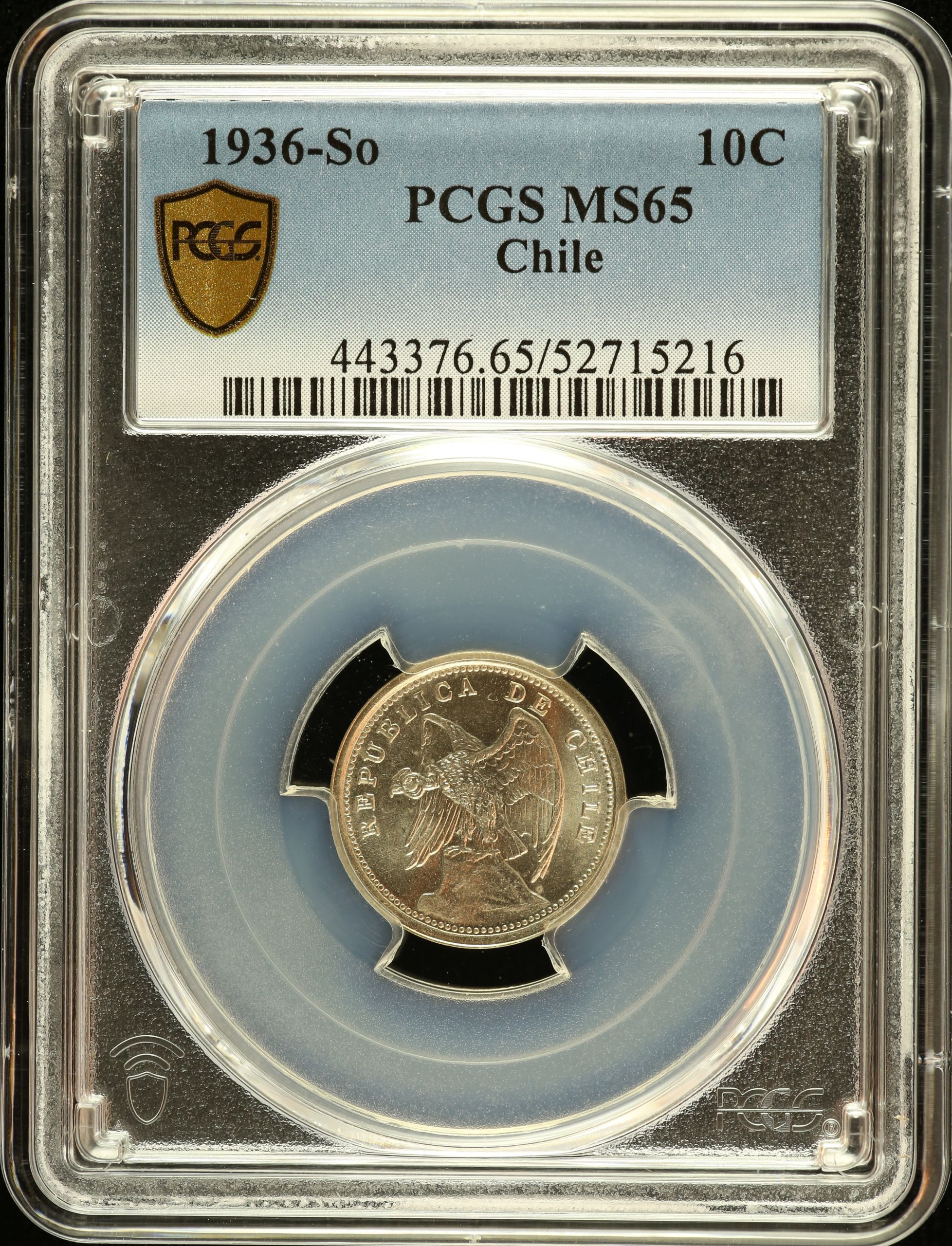 Chile 10 Centavo 1936 So PCGS MS65 0151098