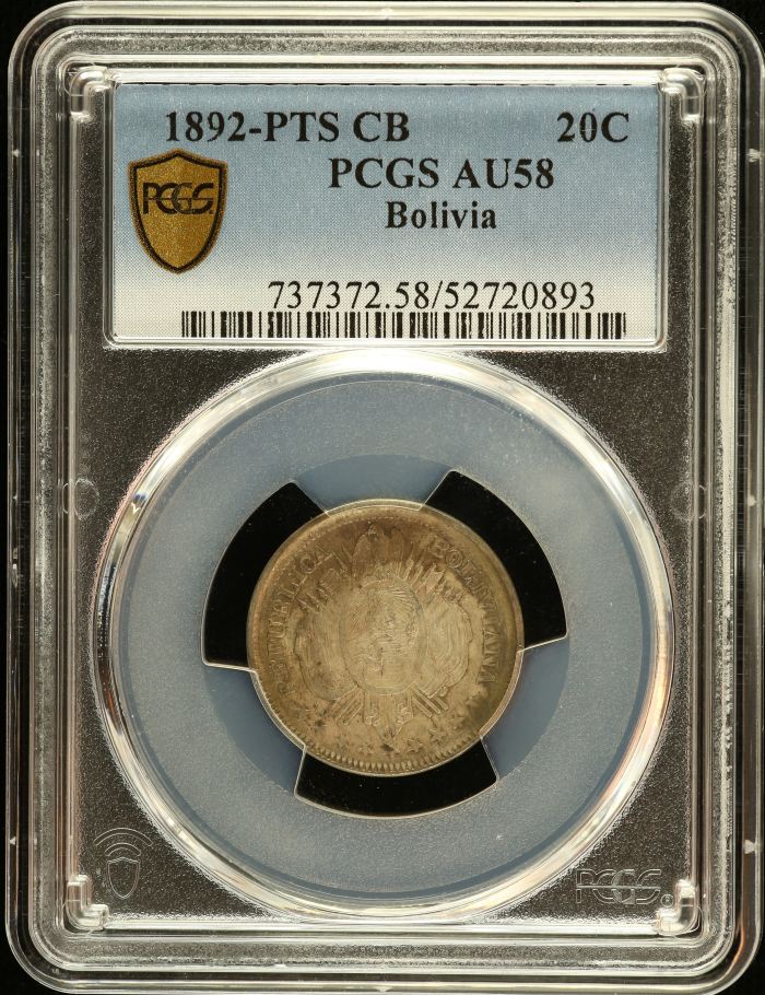 Bolivia 20 Centavo 1892 Pts CB PCGS AU58 0151192Bolivia 20 Centavo 1892 Pts CB PCGS AU58 0151192