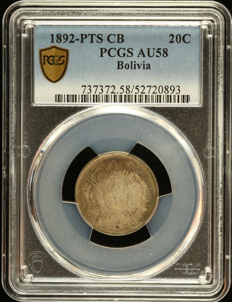 Bolivia 20 Centavo 1892 Pts CB PCGS AU58 0151192