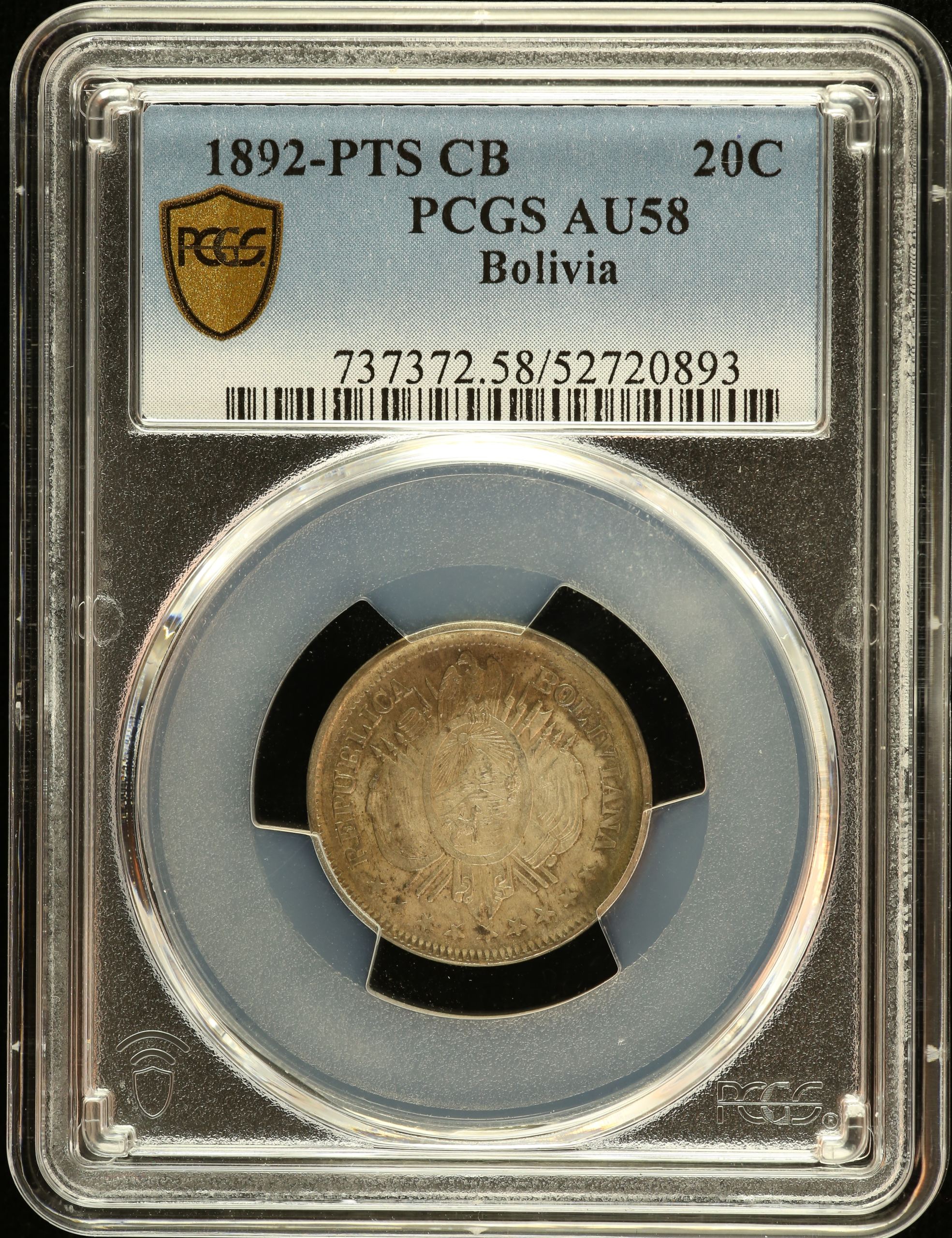 Bolivia 20 Centavo 1892 Pts CB PCGS AU58 0151192