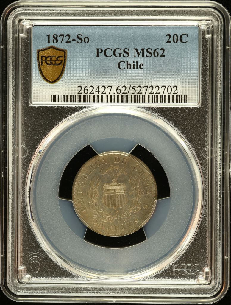 Chile 20 Centavo 1872 So PCGS MS62 0151101