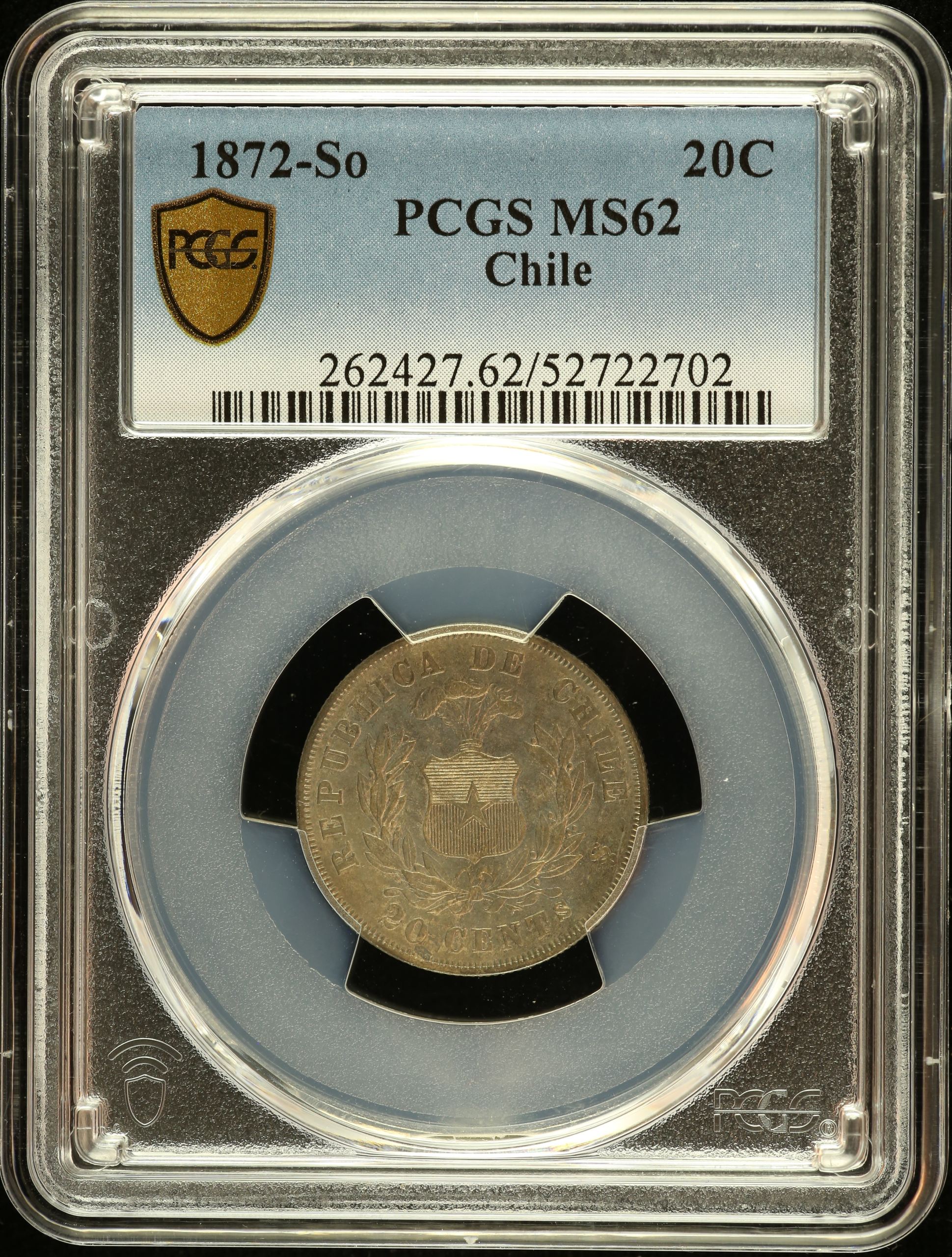 Chile 20 Centavo 1872 So PCGS MS62 0151101