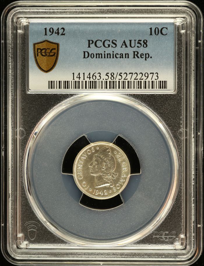 Dominican Republic 10 Centavo 1942 PCGS AU58 0151128Dominican Republic 10 Centavo 1942 PCGS AU58 0151128