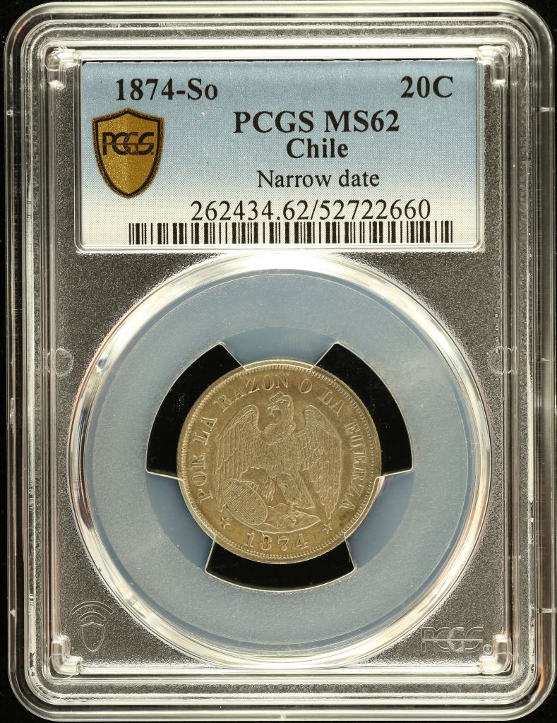 Chile 20 Centavo 1874 So PCGS MS62 0151102