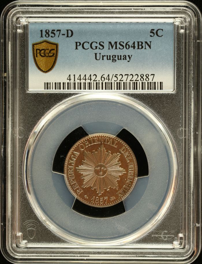 Uruguay 5 Centavo 1857 D PCGS MS64BN 0151038Uruguay 5 Centavo 1857 D PCGS MS64BN 0151038