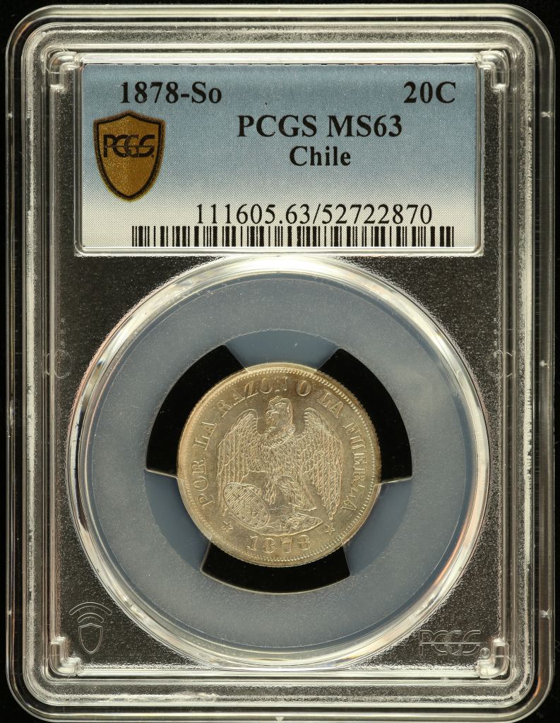 Chile 20 Centavo 1878 So PCGS MS63 0151105