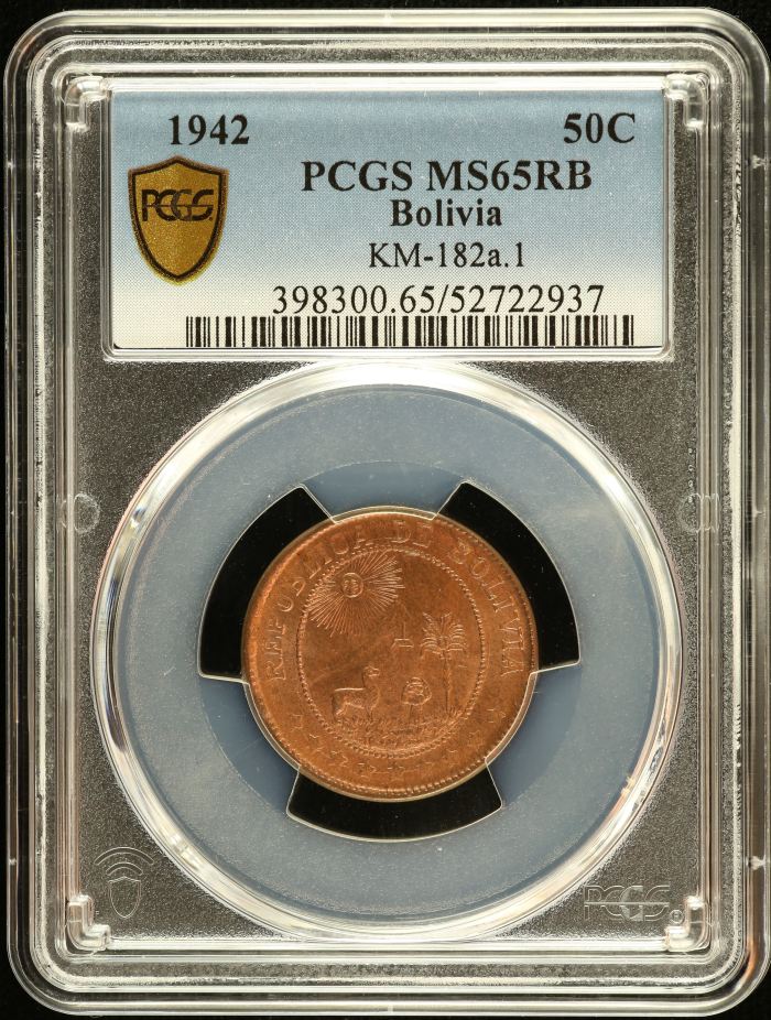 Bolivia 50 Centavo 1942 KM-182a.1 PCGS MS65RB 0151198Bolivia 50 Centavo 1942 KM-182a.1 PCGS MS65RB 0151198