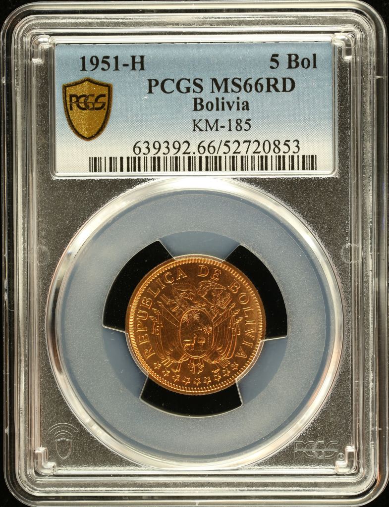 Bolivia 5 Boliviano 1951 H KM-185 PCGS MS66RD 0151039