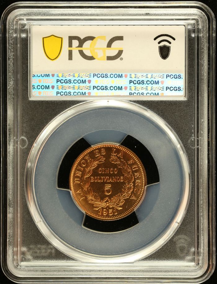 Bolivia 5 Boliviano 1951 H KM-185 PCGS MS66RD 0151039Bolivia 5 Boliviano 1951 H KM-185 PCGS MS66RD 0151039 - Image 2