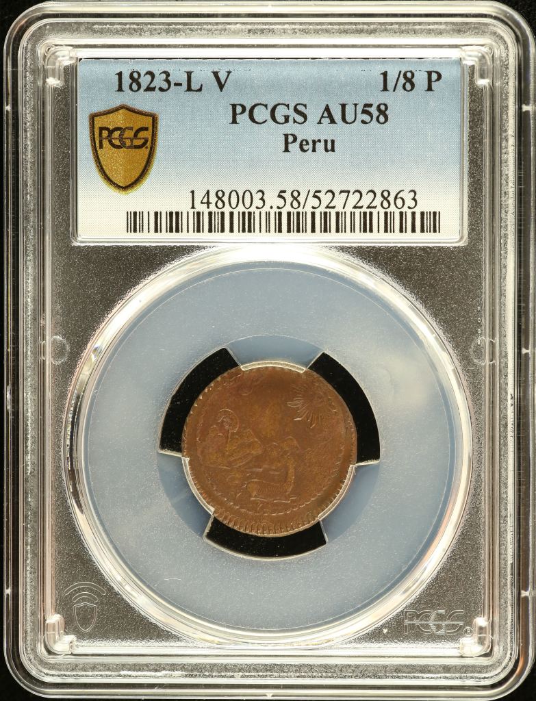 Peru 1/8 Peso 1823 L V PCGS AU58 0151200
