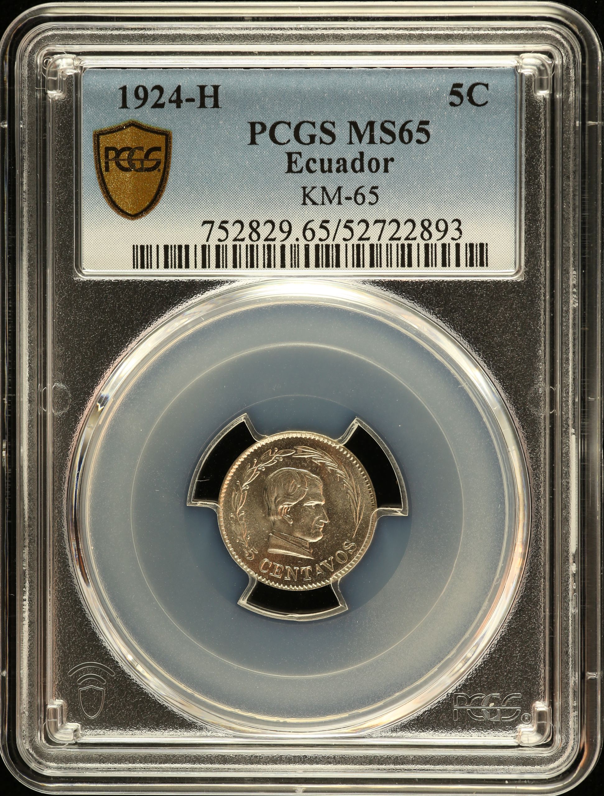 Ecuador 5 Centavo 1924 H KM-65 PCGS MS65 0151134