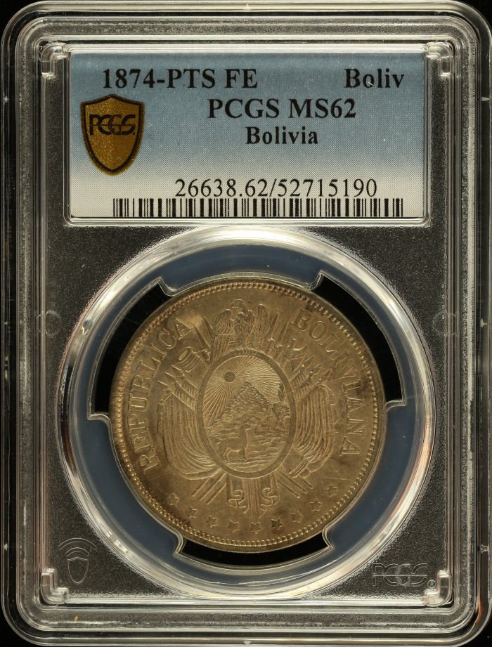 Bolivia Boliviano 1874 Pts FE PCGS MS62 0151044Bolivia Boliviano 1874 Pts FE PCGS MS62 0151044