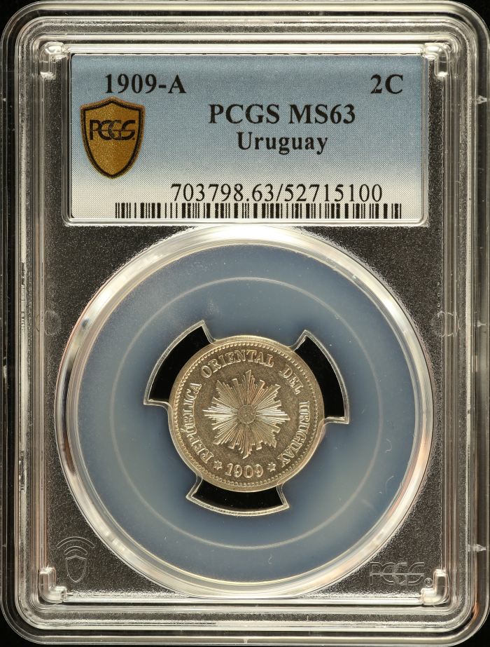 Uruguay 2 Centesimo 1909 A PCGS MS63 0151138Uruguay 2 Centesimo 1909 A PCGS MS63 0151138