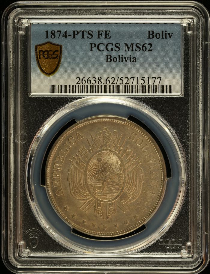 Bolivia Boliviano 1874 Pts FE PCGS MS62 0151045Bolivia Boliviano 1874 Pts FE PCGS MS62 0151045