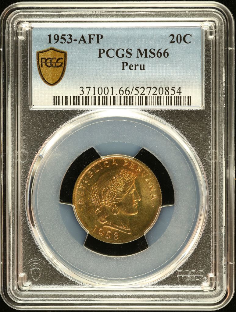 Peru 20 Centavo 1953 AFP PCGS MS66 0151244