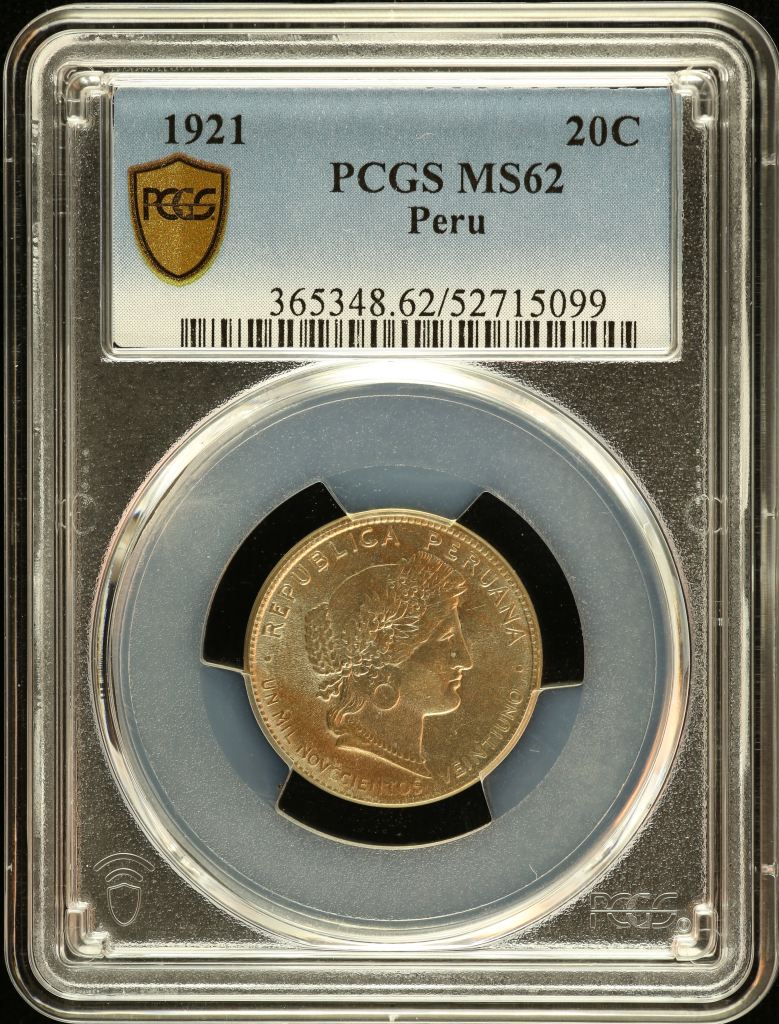 Peru 20 Centavo 1921 PCGS MS62 0151245