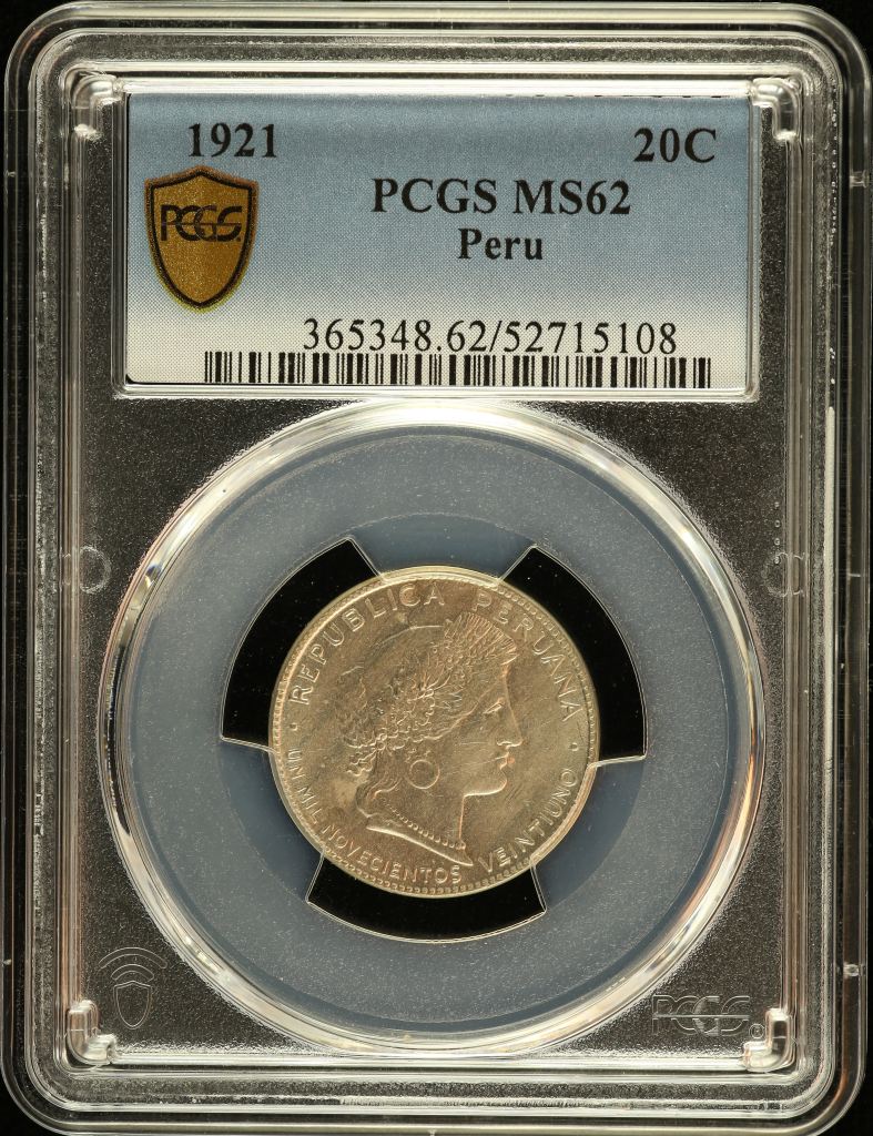 Peru 20 Centavo 1921 PCGS MS62 0151246