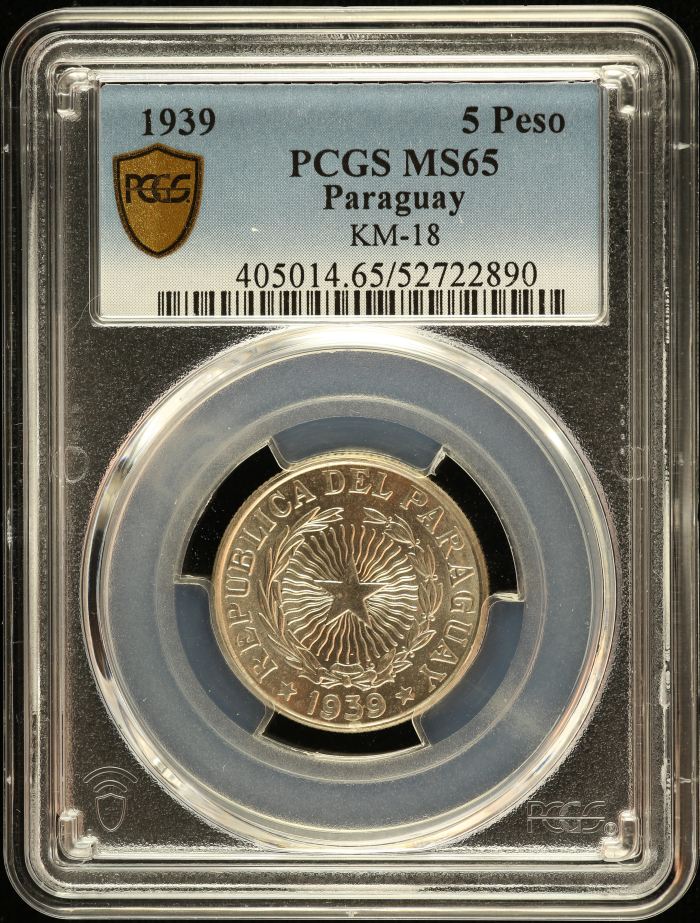 Paraguay 5 Peso 1939 KM-18 PCGS MS65 0151143Paraguay 5 Peso 1939 KM-18 PCGS MS65 0151143