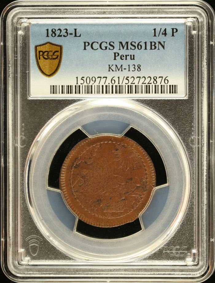Peru 1/4 Peso 1823 L KM-138 PCGS MS61BN 0151052Peru 1/4 Peso 1823 L KM-138 PCGS MS61BN 0151052