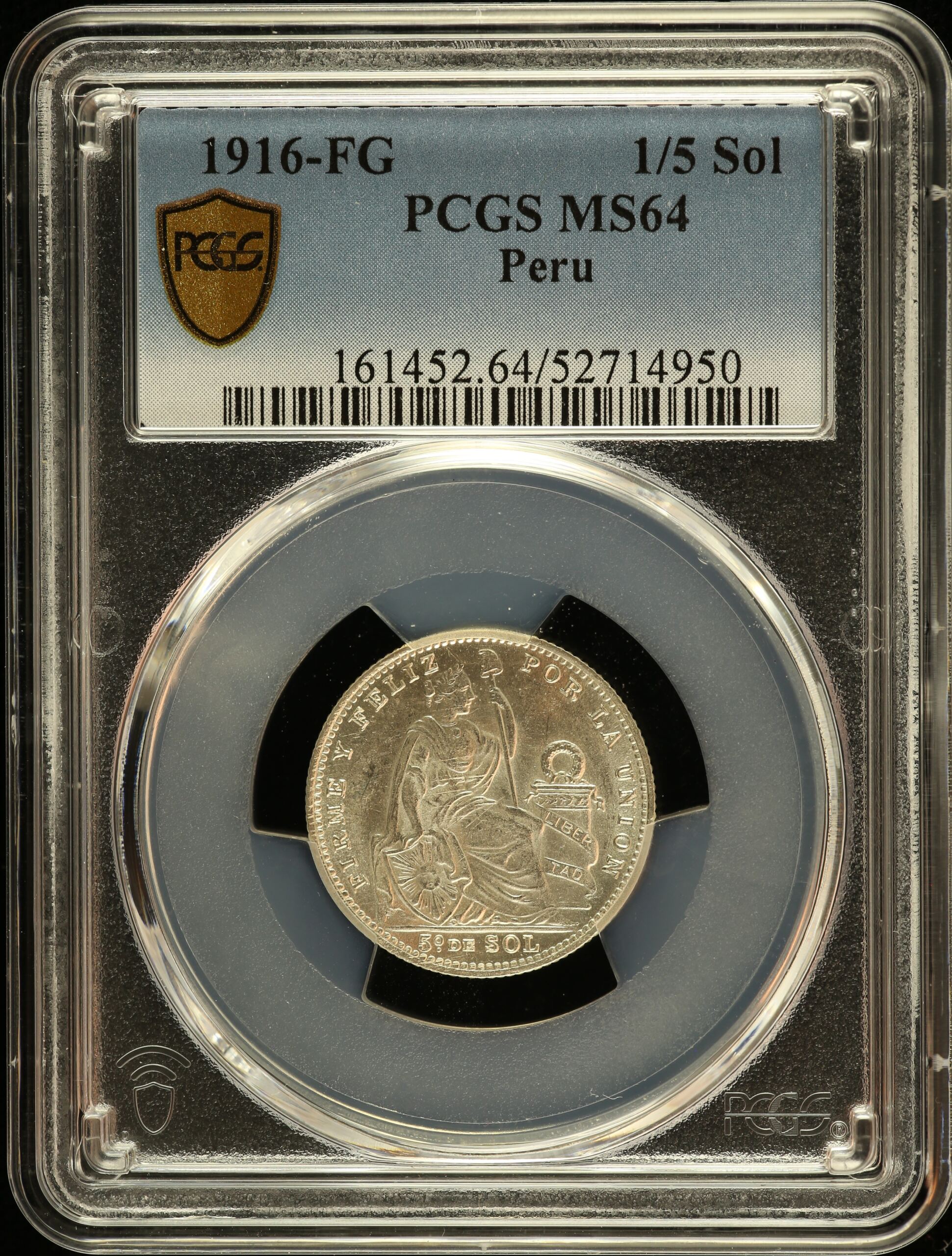 Latin American Coins Peru Peru 1/5 Sol 1916 FG PCGS MS64 0151215 Peru 1/5 Sol 1916 FG PCGS MS64 0151215Peru 1/5 Sol 1916 FG PCGS MS64 0151215