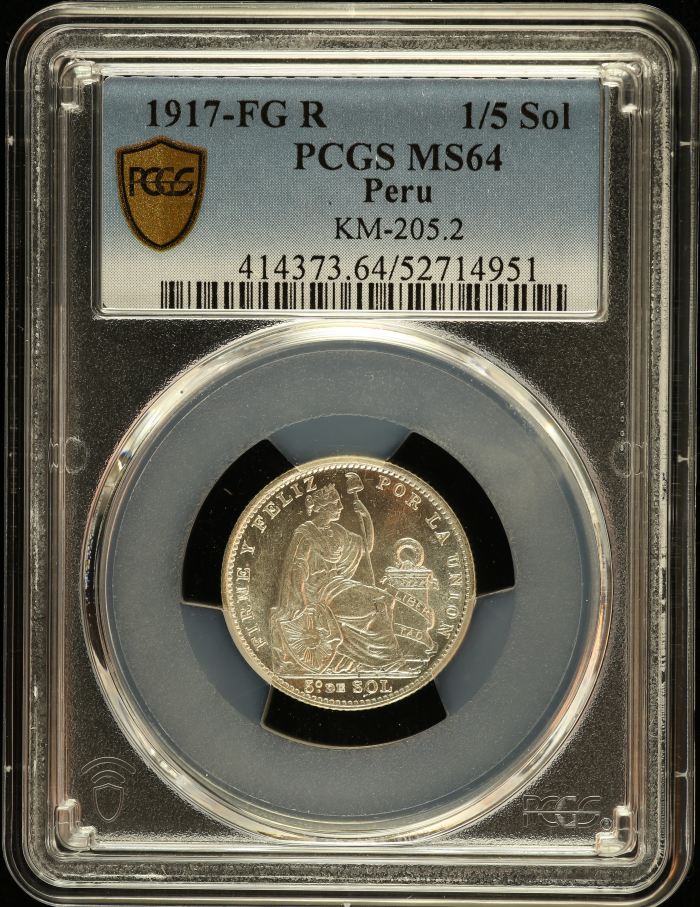 Peru 1/5 Sol 1917 FG R PCGS MS64 0151216Peru 1/5 Sol 1917 FG R PCGS MS64 0151216
