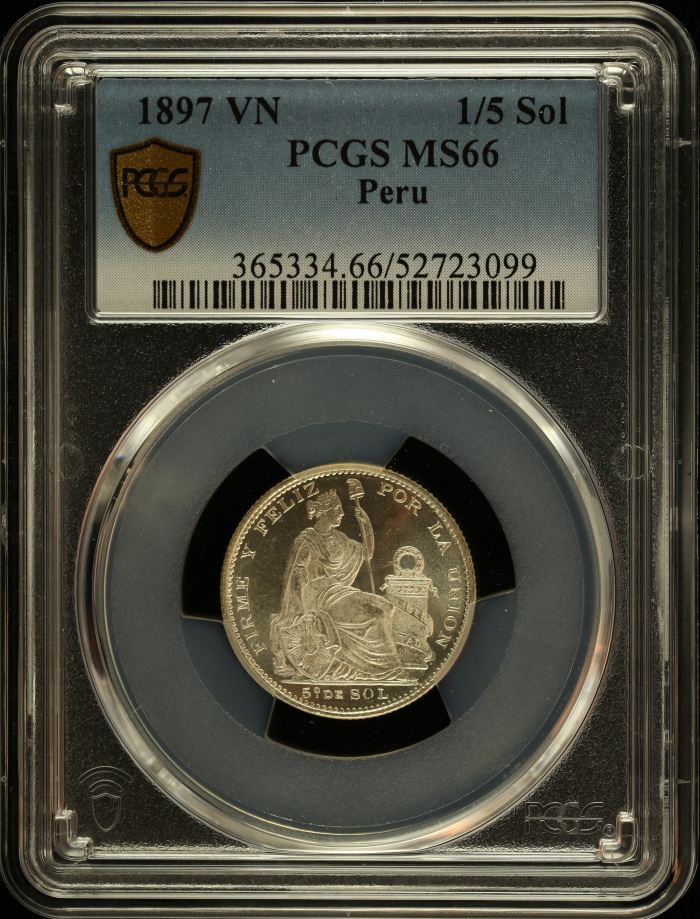 Peru 1/5 Sol 1897 VN PCGS MS66 0151060Peru 1/5 Sol 1897 VN PCGS MS66 0151060