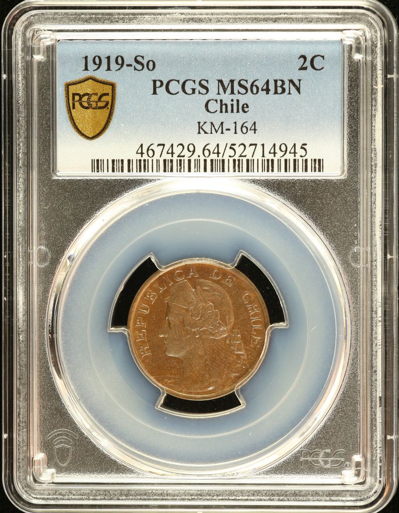 Chile 2 Centavo 1919 So KM-164 PCGS MS64BN 0151154