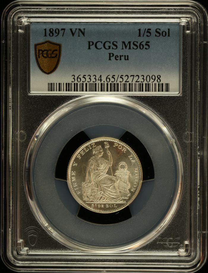 Peru 1/5 Sol 1897 VN PCGS MS65 0151061Peru 1/5 Sol 1897 VN PCGS MS65 0151061