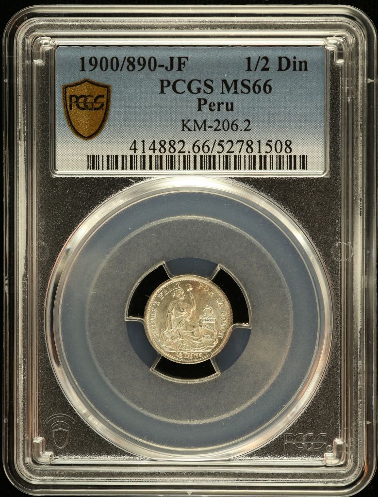 Peru 1/2 Dinero 1900/890 JF KM-206.2 PCGS MS66 0151221